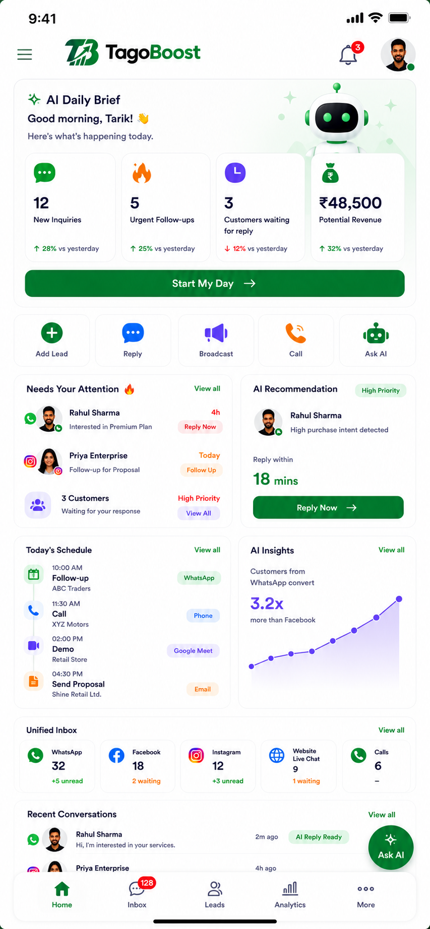 Tagoboost mobile dashboard showing conversations and analytics on mobile